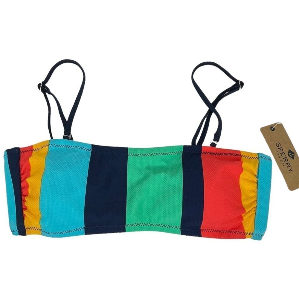 Sperry Striped Polyester Blend Bandeau Lace Up Bikini Top - Picture 2 of 5